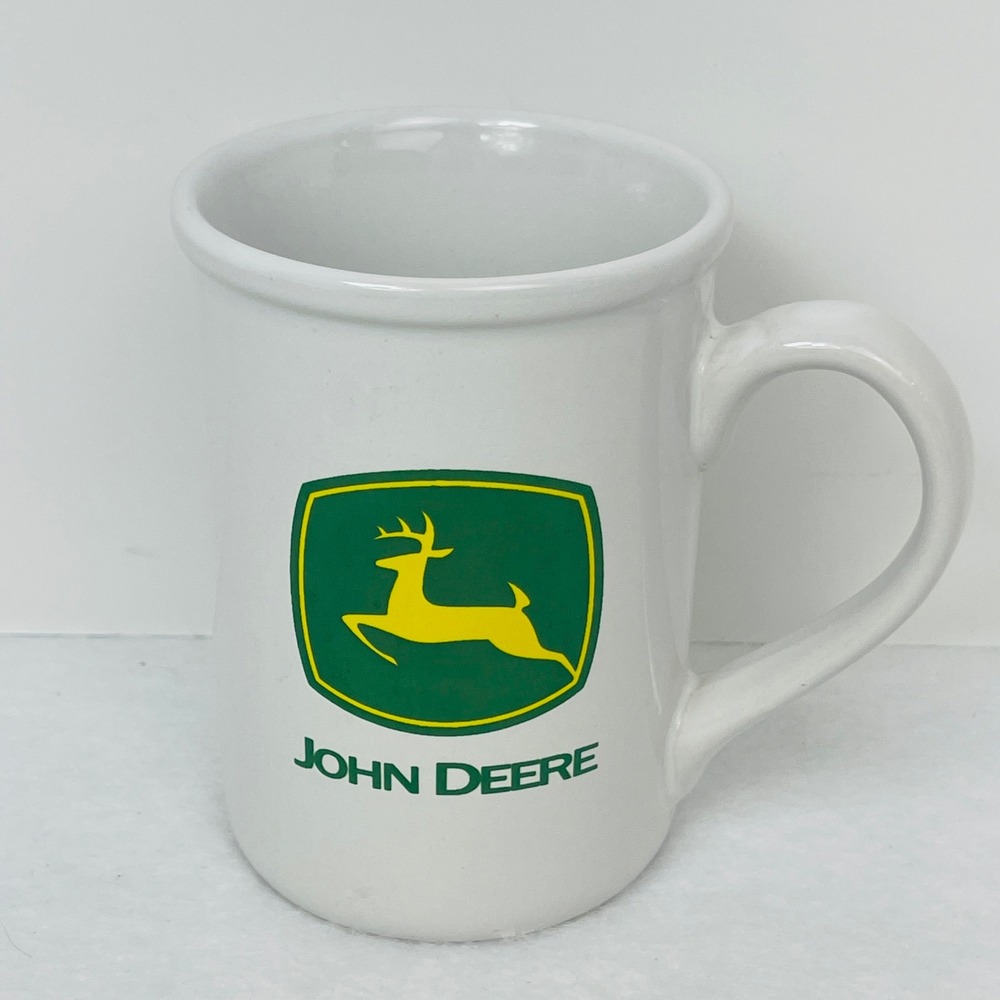 John Deere Coffee Mug White Green Yellow Leaping Deer Logo Ceramic Good